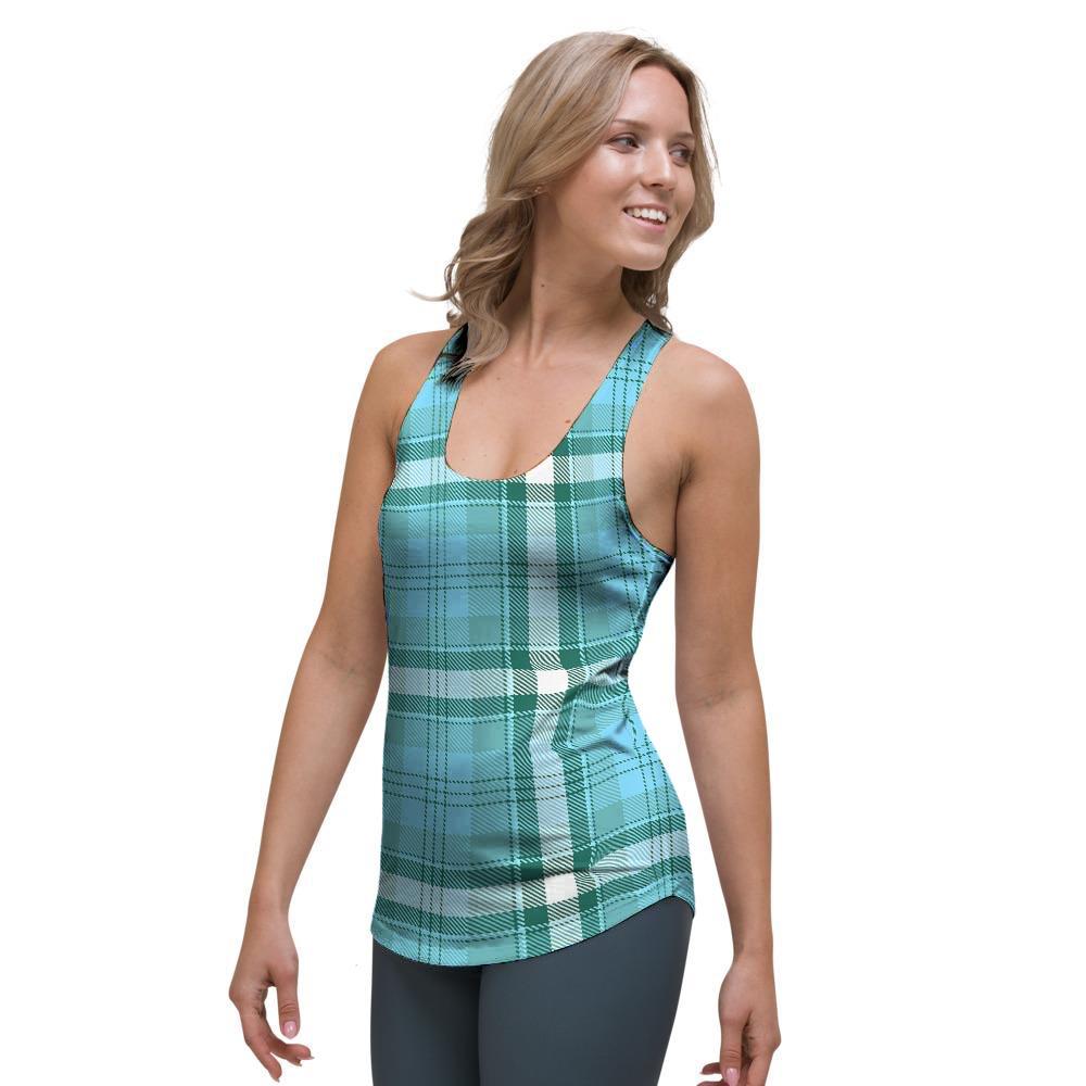 Tartan Aqua Blue Plaid Women's Racerback Tank Top-grizzshop