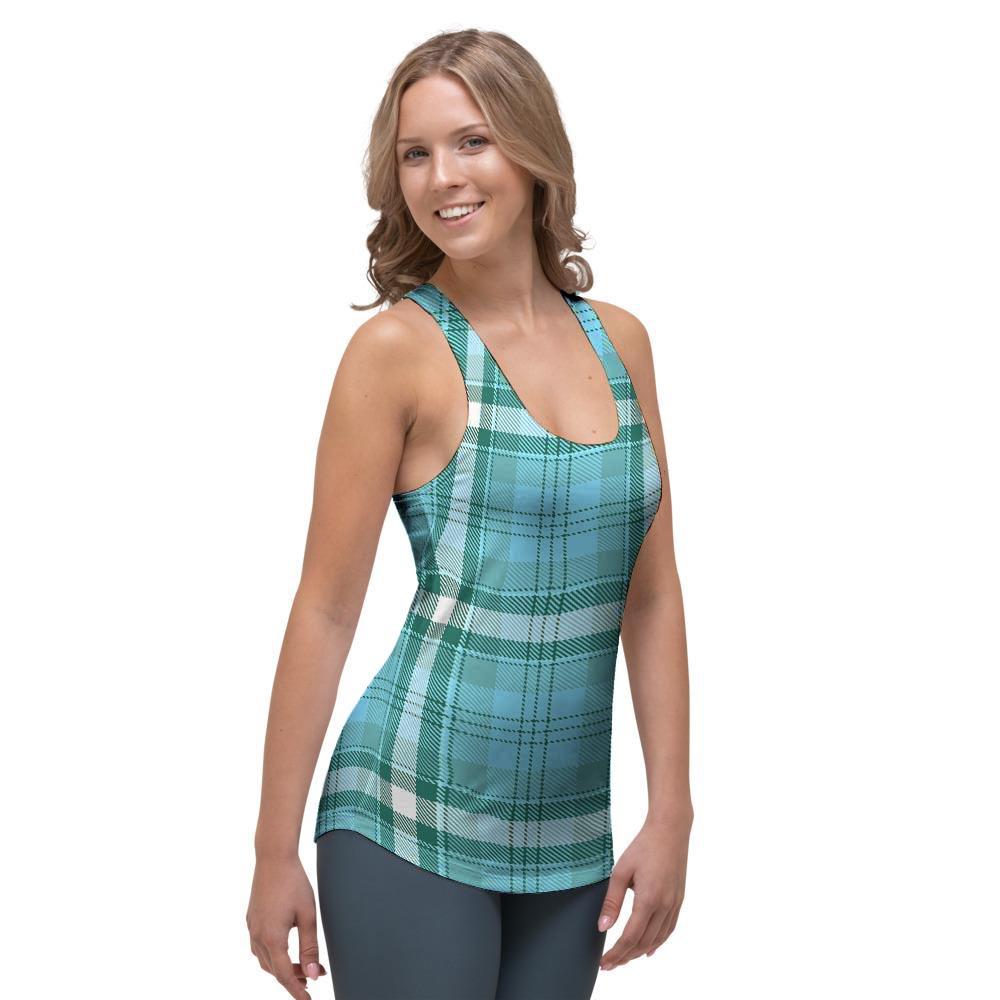 Tartan Aqua Blue Plaid Women's Racerback Tank Top-grizzshop