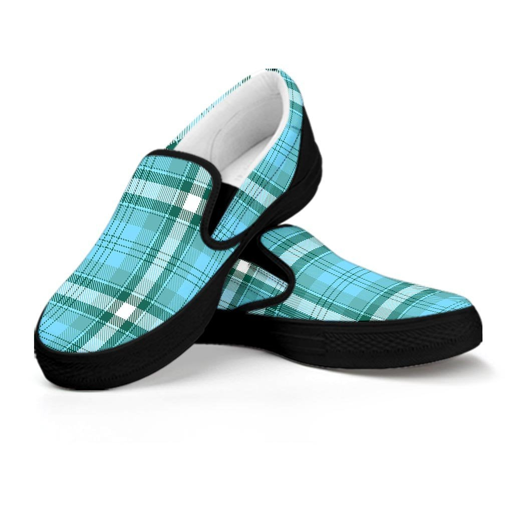 Tartan Aqua Blue Plaid Women's Slip On Sneakers-grizzshop