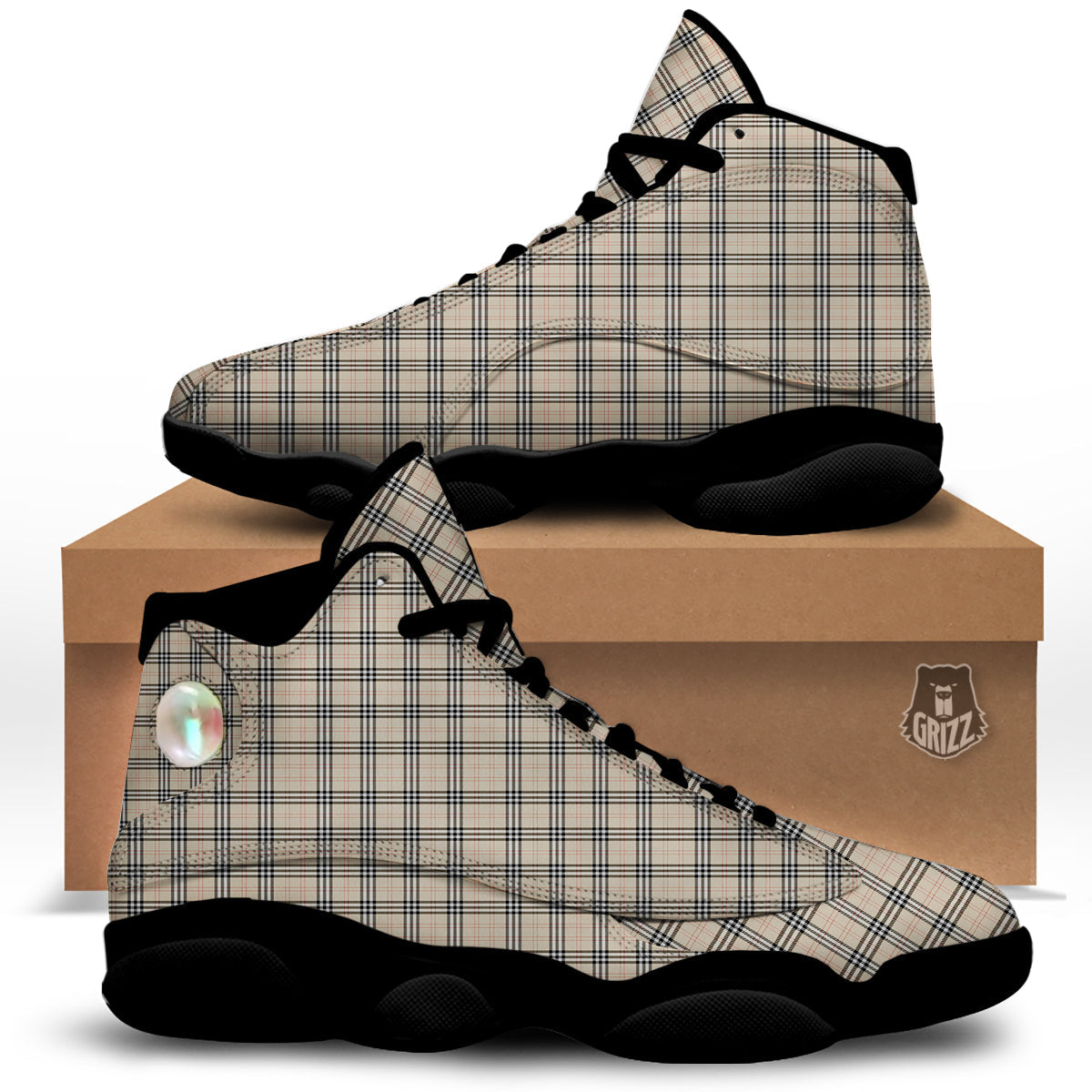 Tartan Beige Print Pattern Black Basketball Shoes-grizzshop