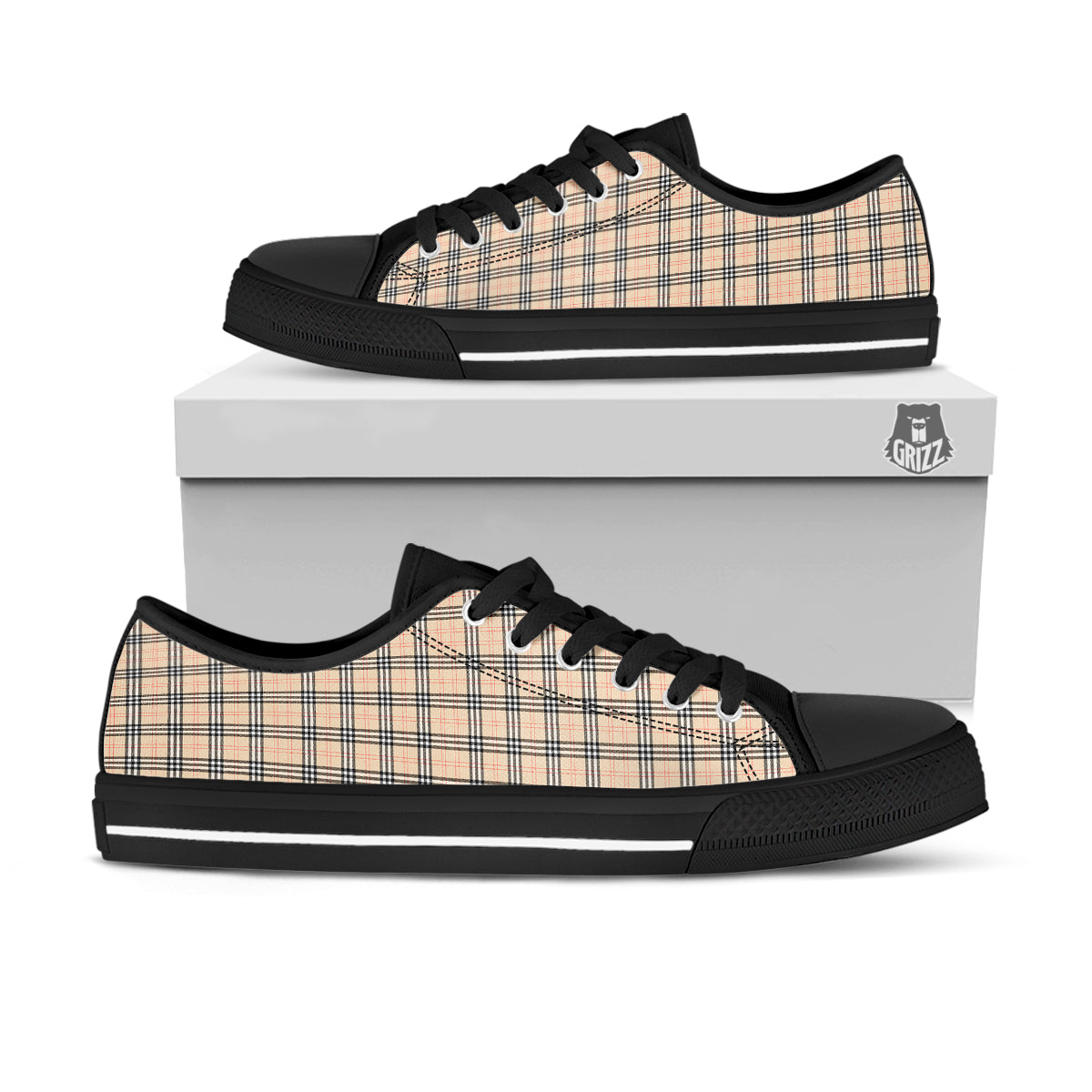 Tartan Beige Print Pattern Black Low Top Shoes-grizzshop