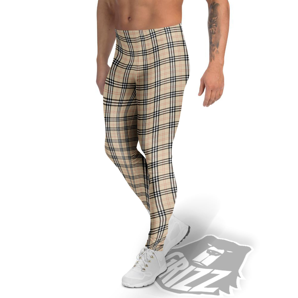 Tartan Beige Print Pattern Men's Leggings-grizzshop