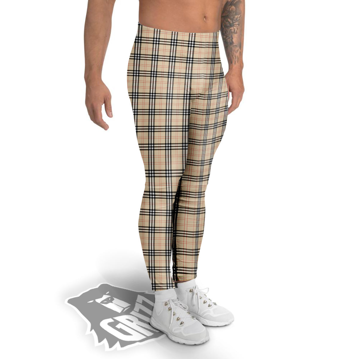 Tartan Beige Print Pattern Men's Leggings-grizzshop