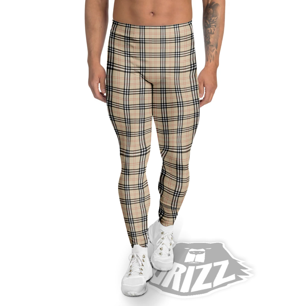 Tartan Beige Print Pattern Men's Leggings-grizzshop