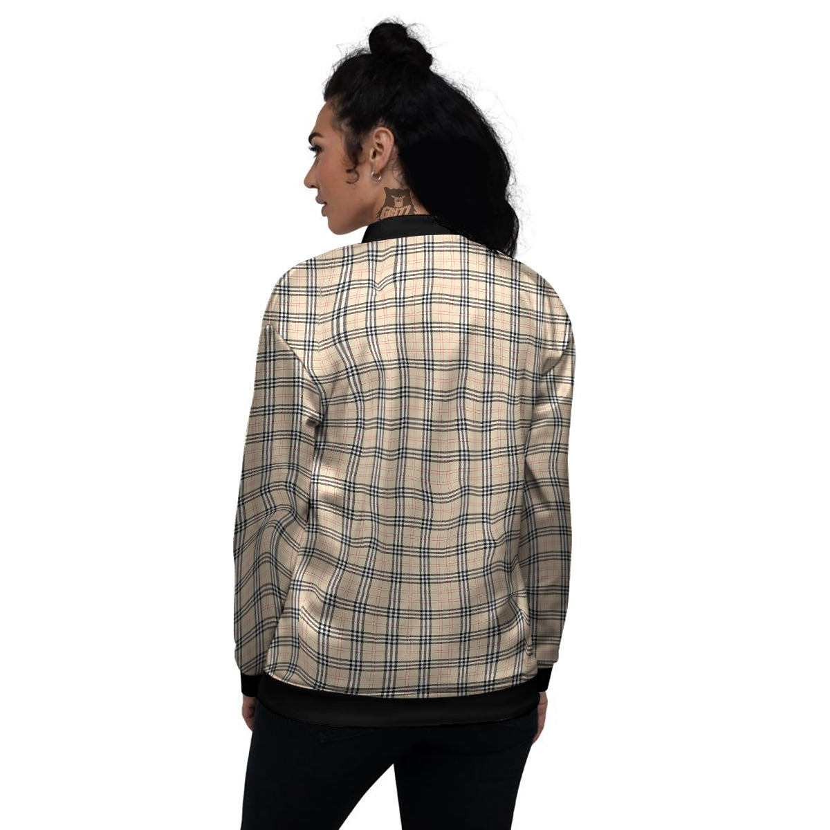 Tartan Beige Print Pattern Women's Bomber Jacket-grizzshop