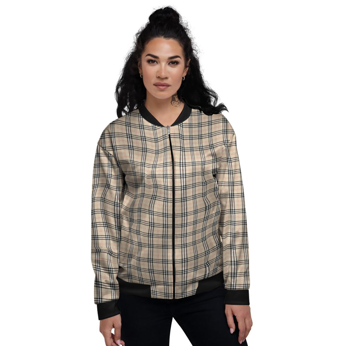 Tartan Beige Print Pattern Women's Bomber Jacket-grizzshop