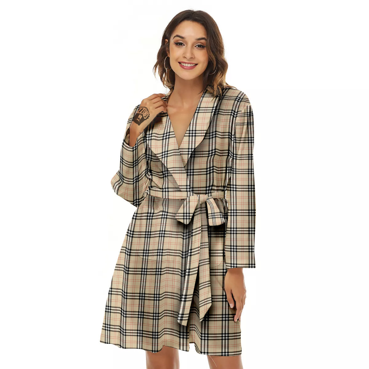 Tartan Beige Print Pattern Women's Robe-grizzshop