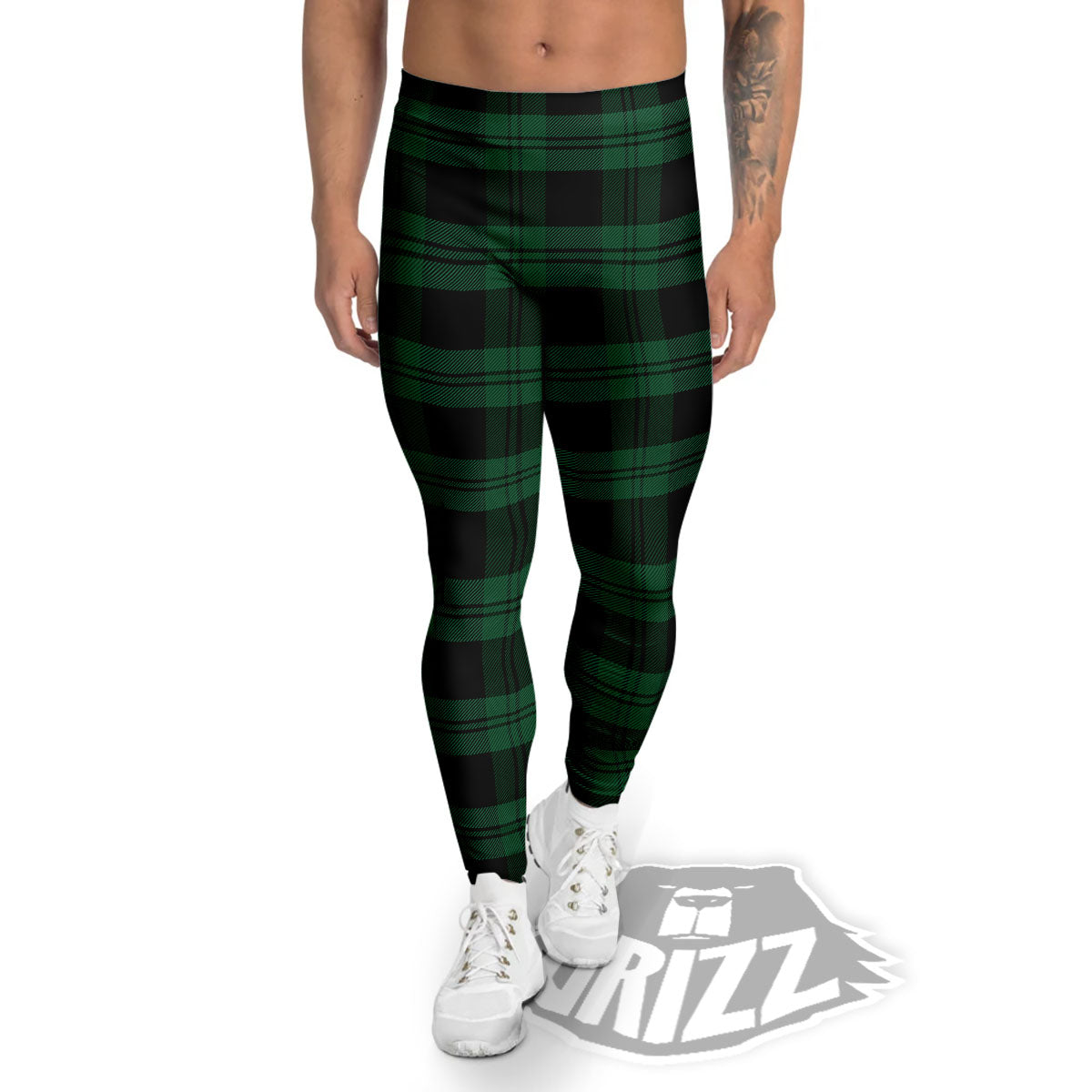 Tartan Black And Green Print Pattern Men's Leggings-grizzshop