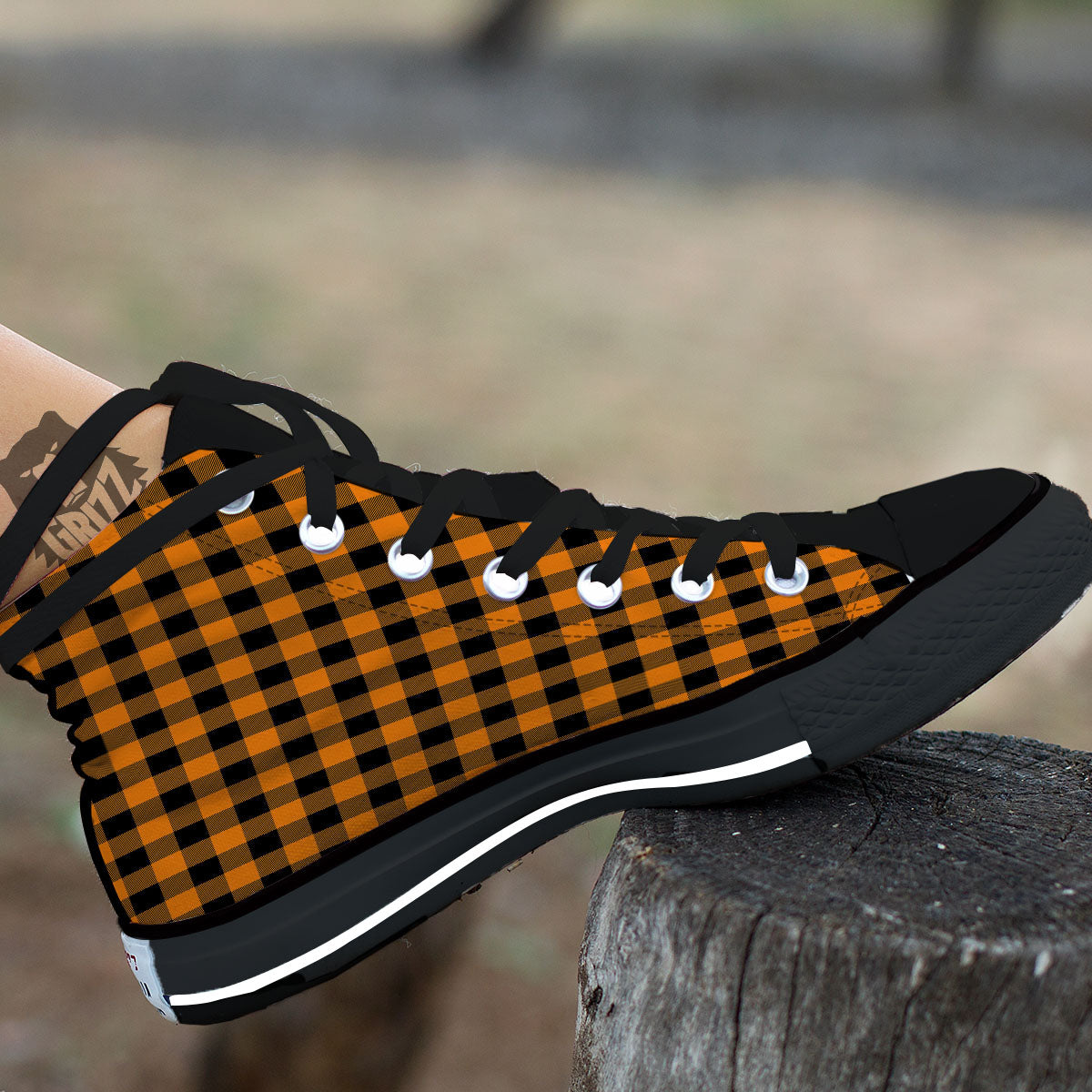 Tartan Black And Orange Print Pattern High Top Shoes-grizzshop