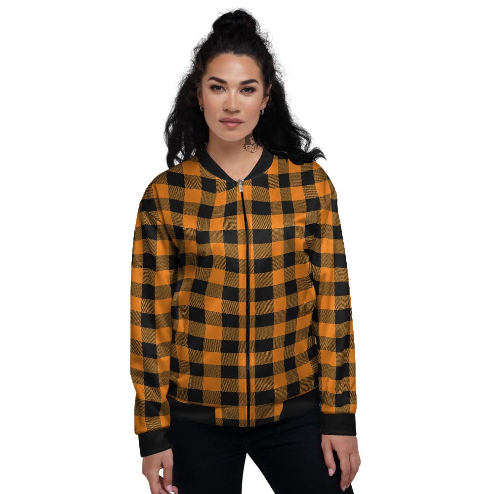 Tartan Black And Orange Print Pattern Women's Bomber Jacket-grizzshop