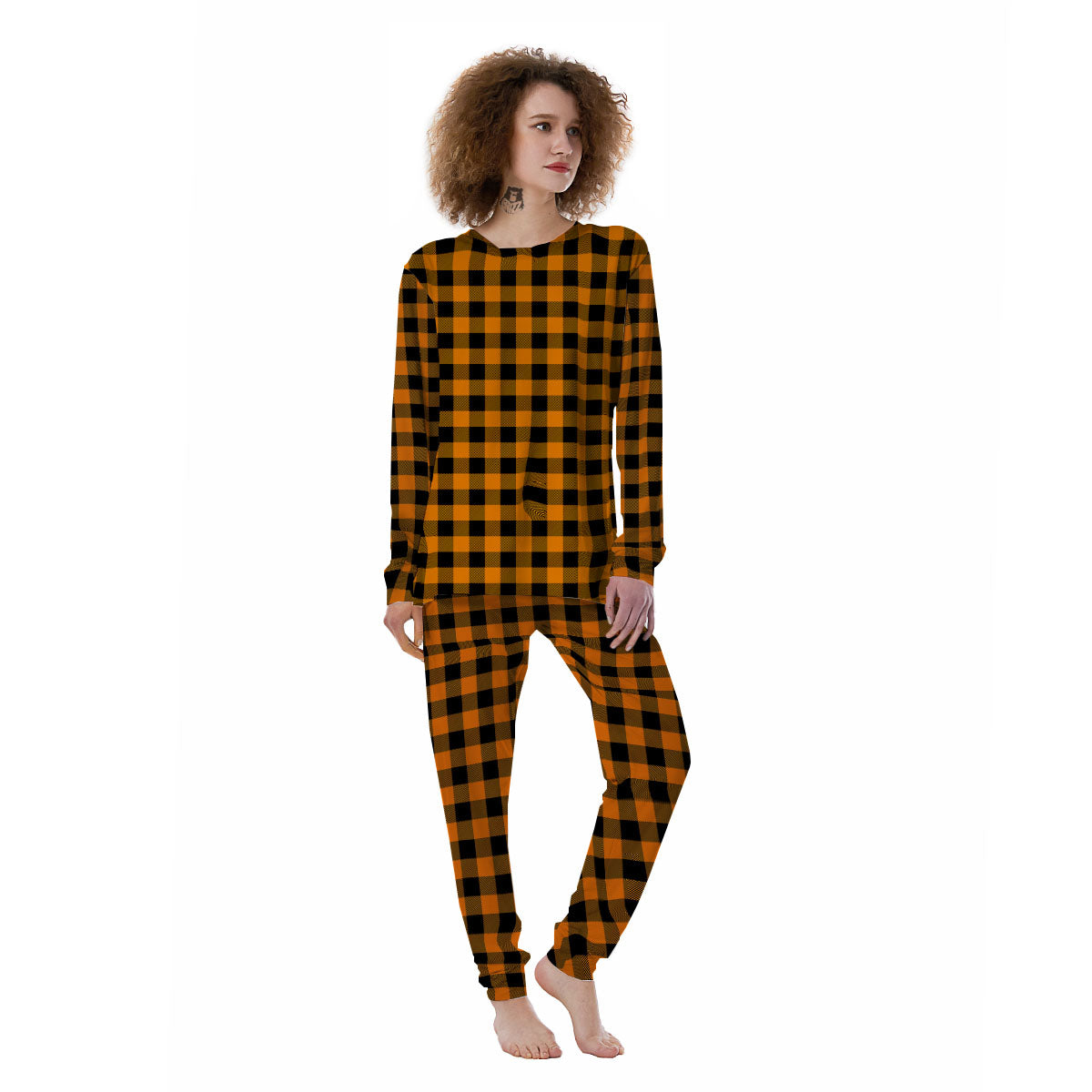 Tartan Black And Orange Print Pattern Women's Pajamas-grizzshop