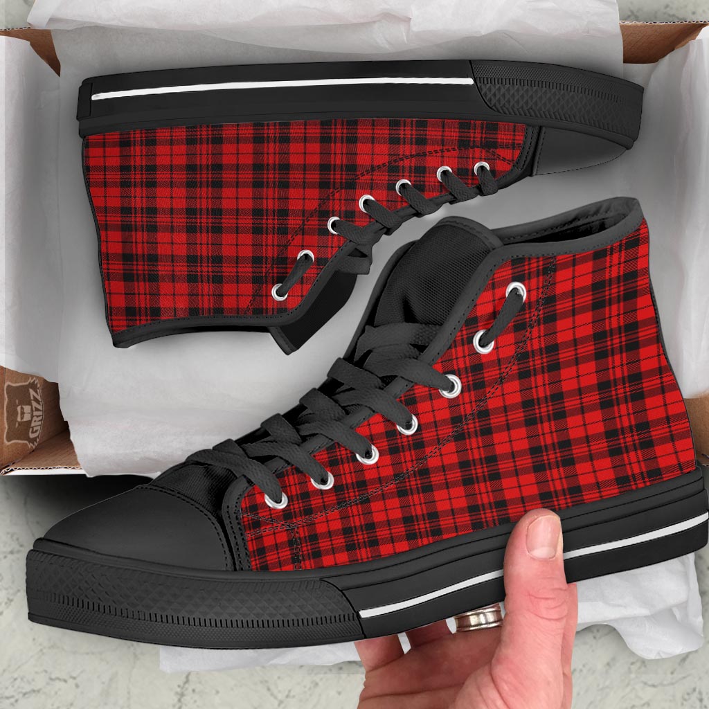 Tartan Black And Red Print Pattern Black High Top Shoes-grizzshop