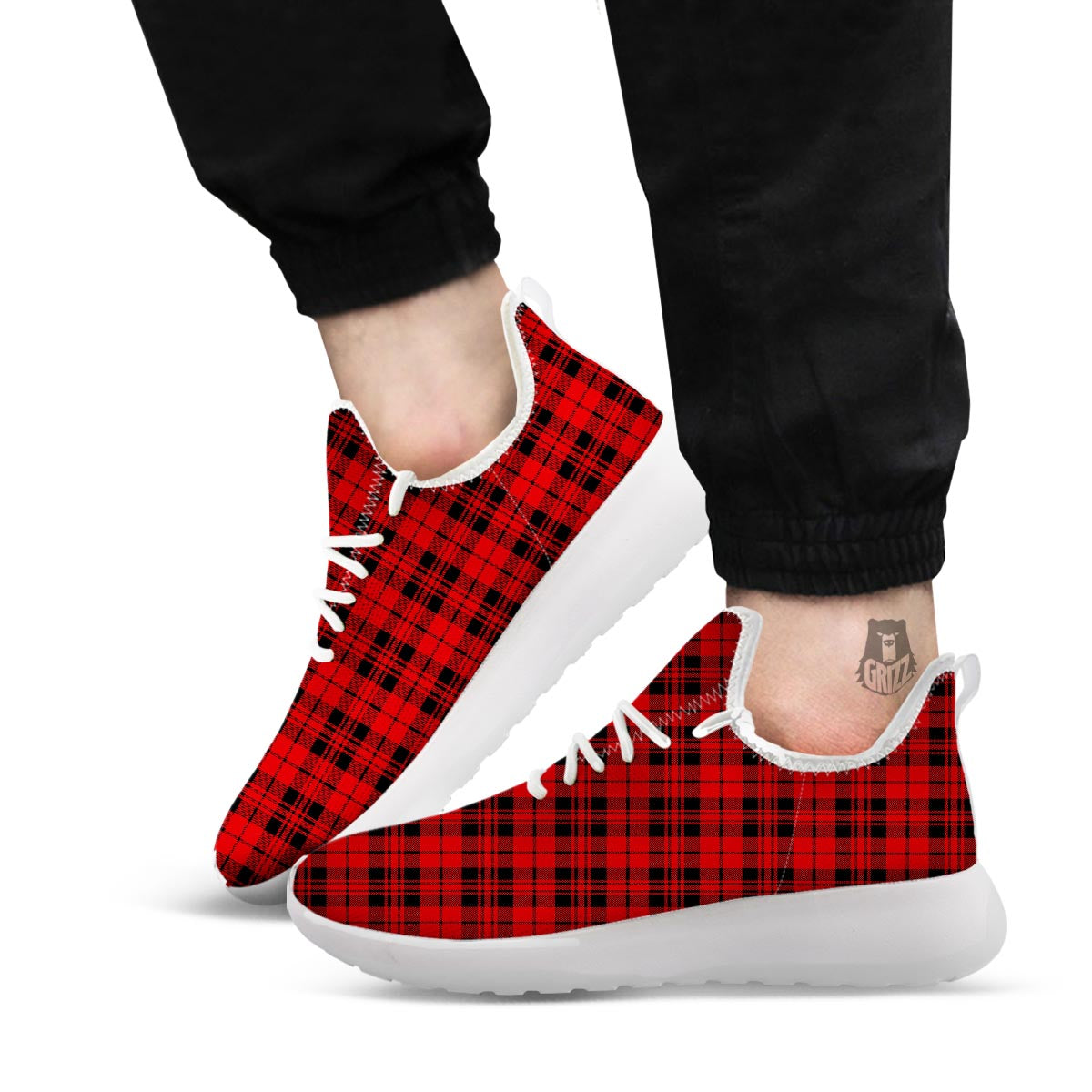 Tartan Black And Red Print Pattern White Athletic Shoes-grizzshop