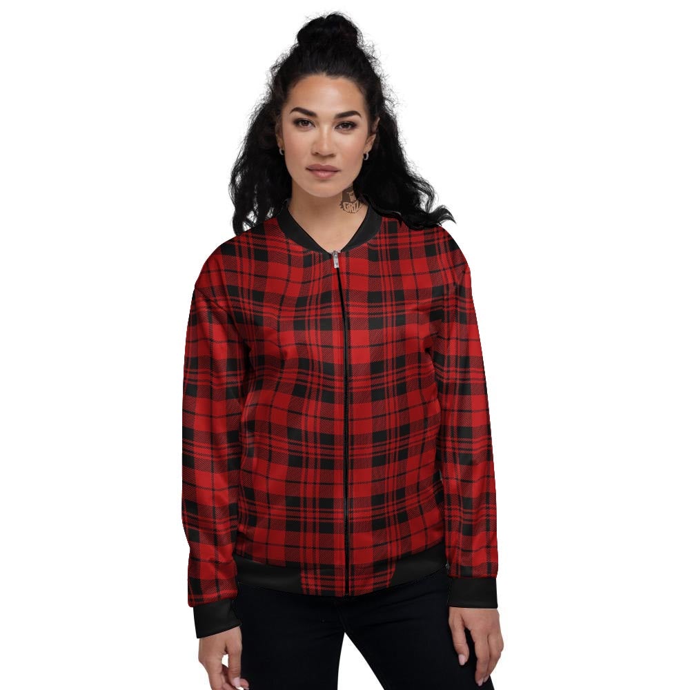 Tartan Black And Red Print Pattern Women's Bomber Jacket-grizzshop