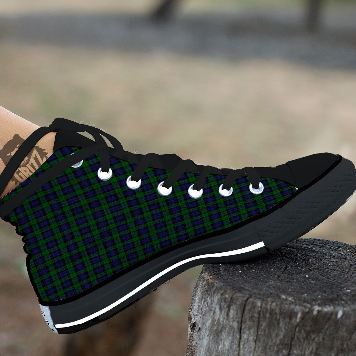 Tartan Black Watch Print Pattern Black High Top Shoes-grizzshop