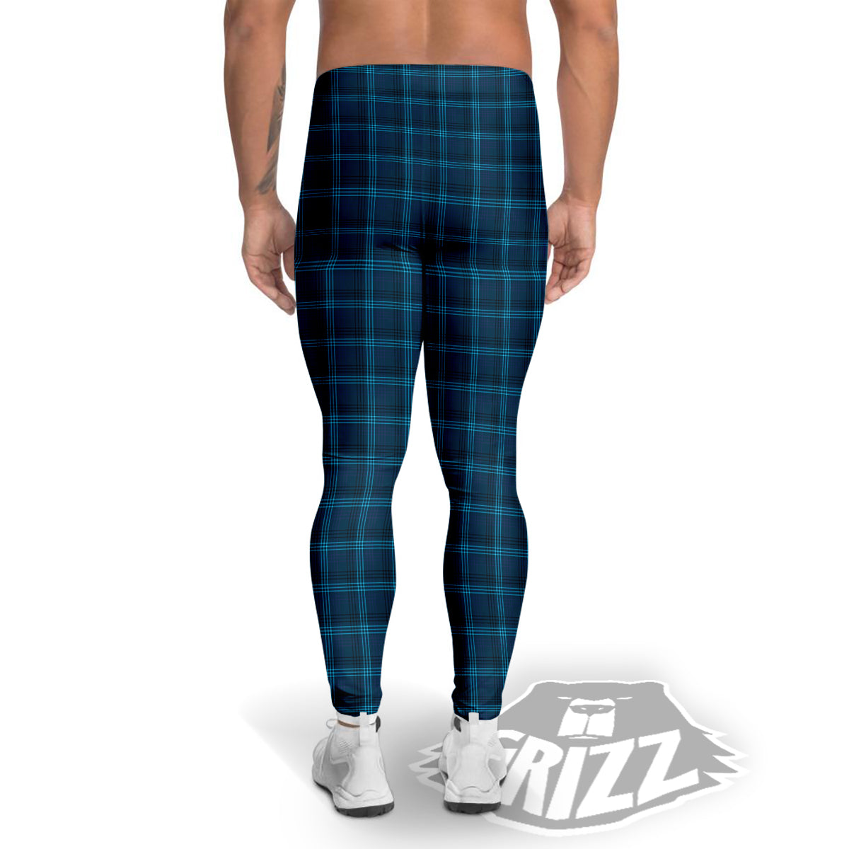 Tartan Blue And Black Print Pattern Men's Leggings-grizzshop