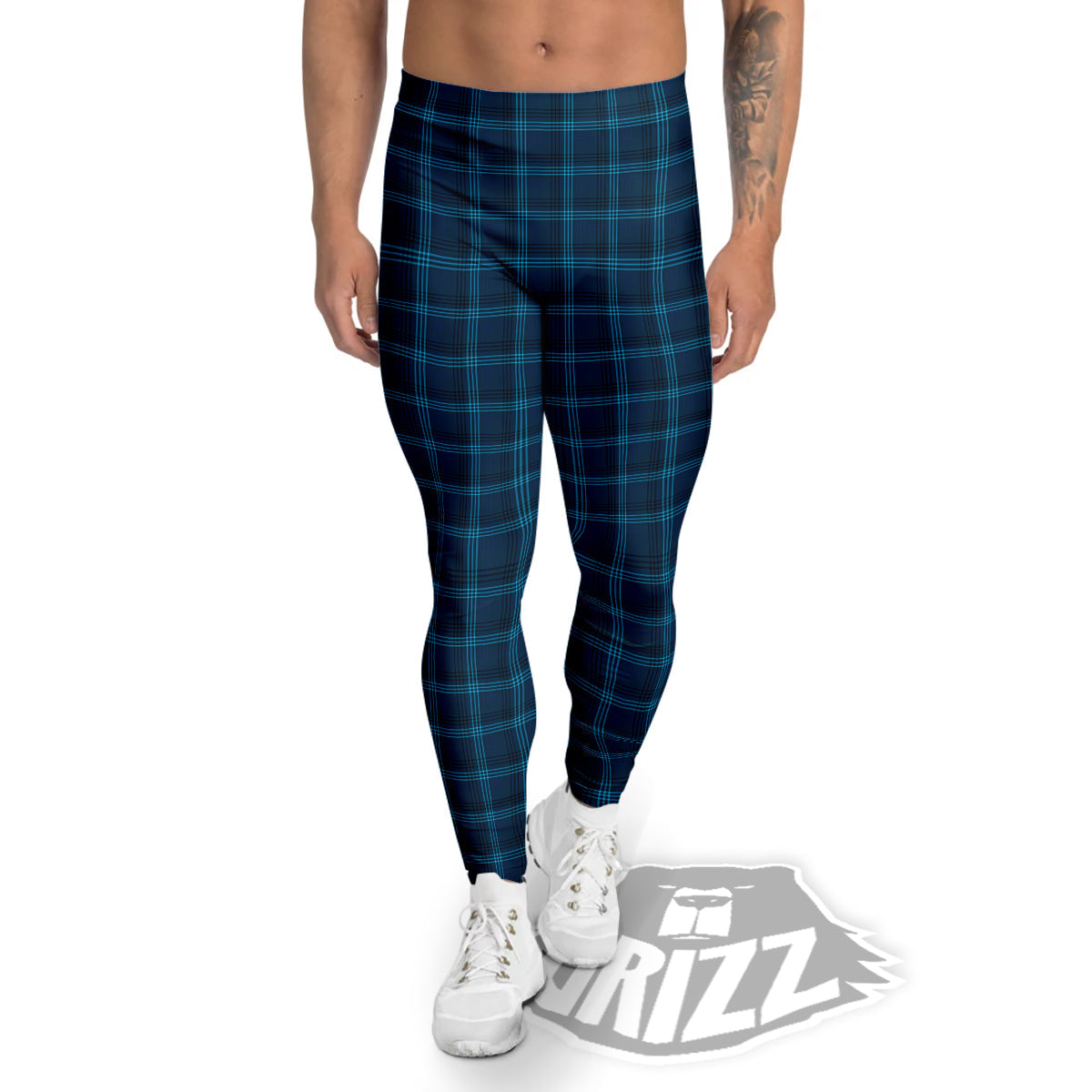 Tartan Blue And Black Print Pattern Men's Leggings-grizzshop