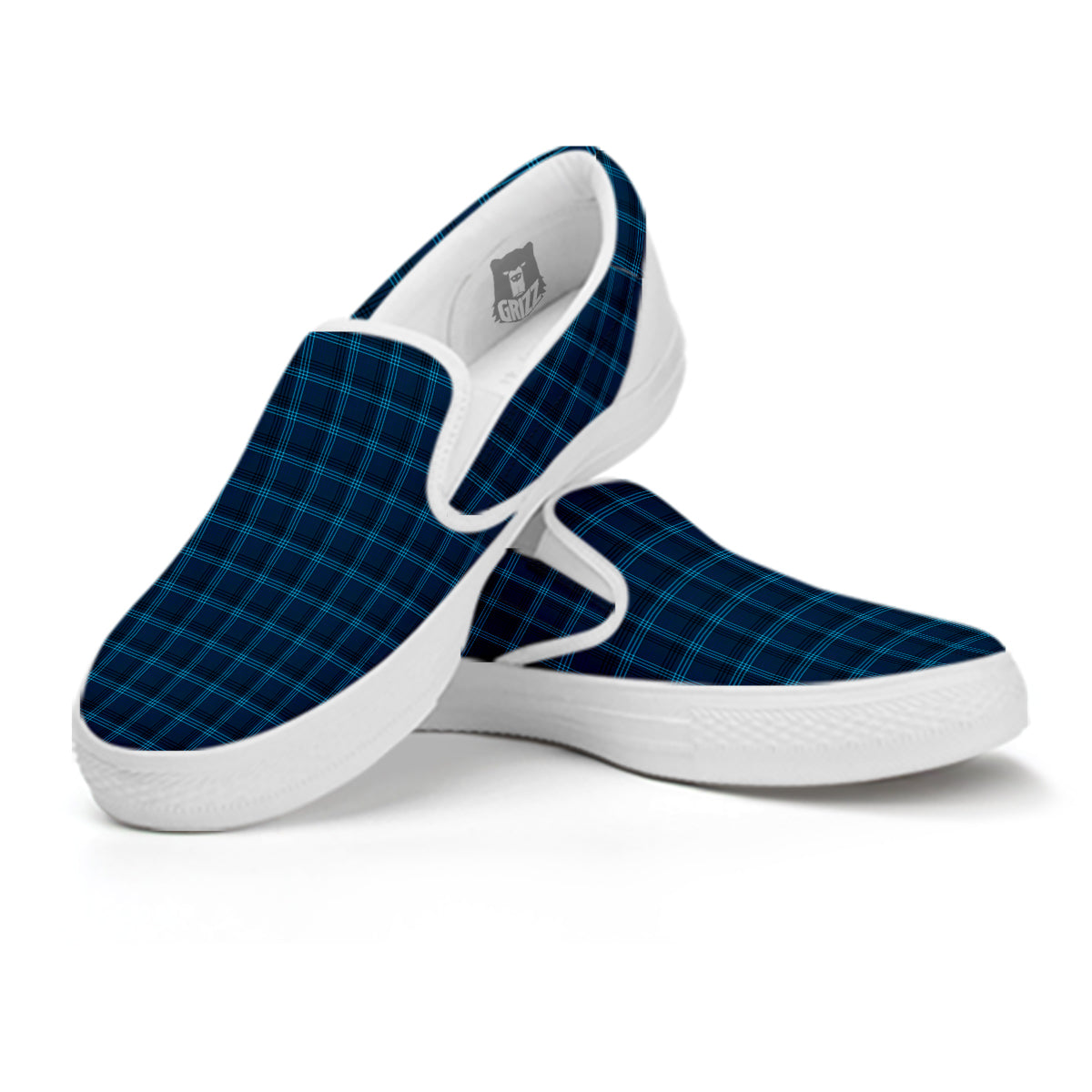 Tartan Blue And Black Print Pattern White Slip On Shoes-grizzshop