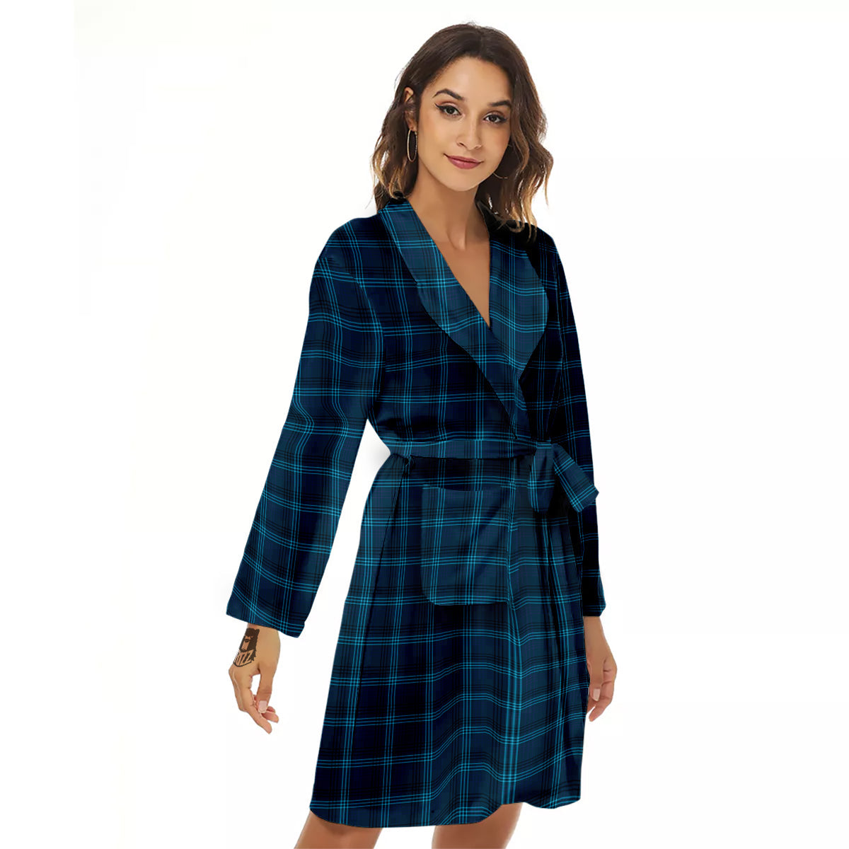 Tartan Blue And Black Print Pattern Women's Robe-grizzshop