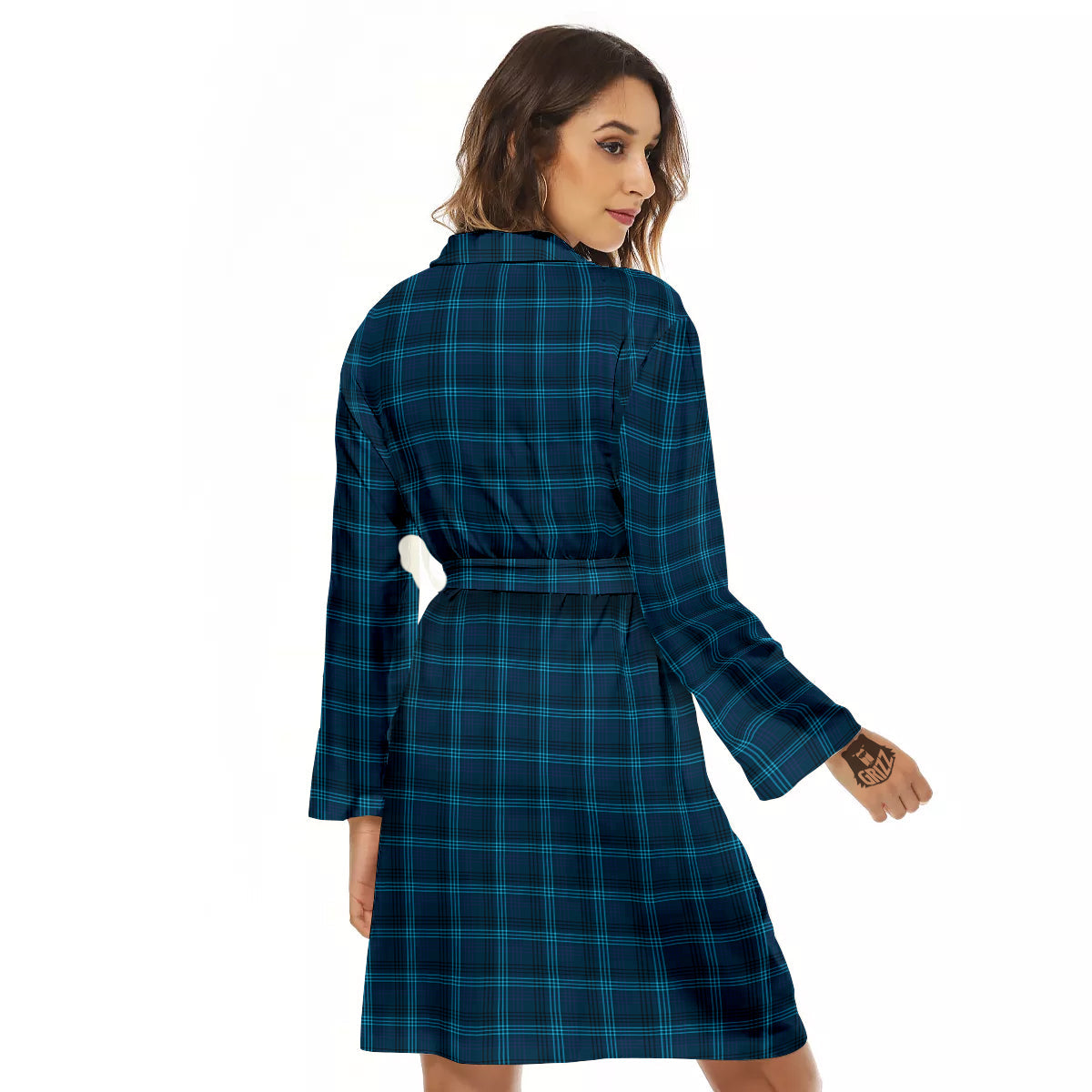 Tartan Blue And Black Print Pattern Women's Robe-grizzshop