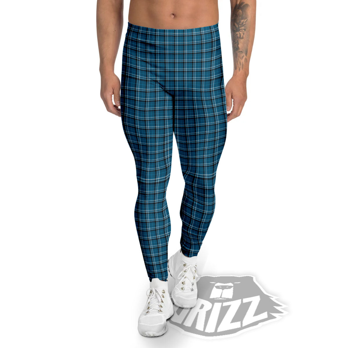 Tartan Blue And White Line Print Pattern Men's Leggings-grizzshop