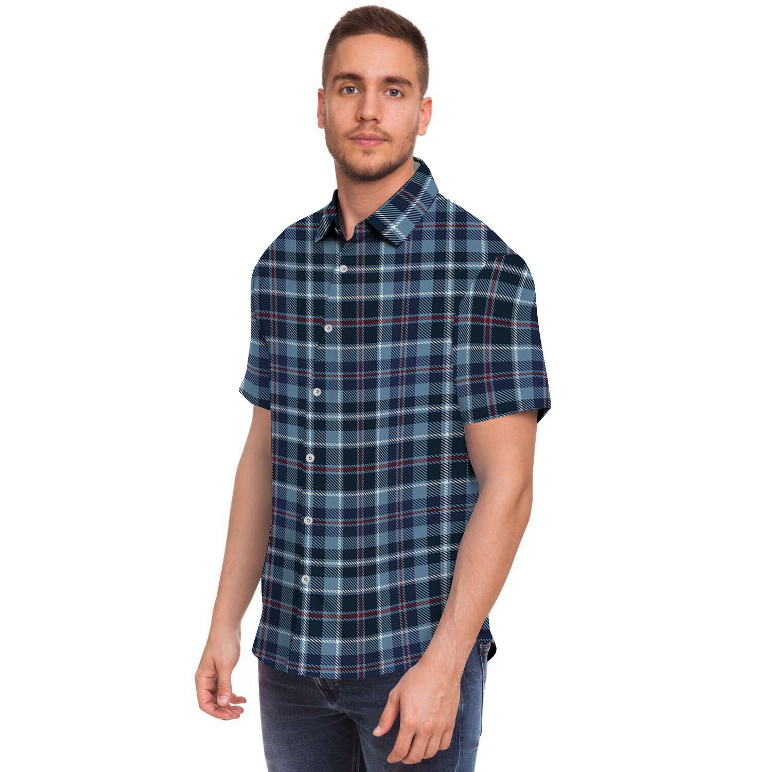 Tartan Blue Plaid Men's Short Sleeve Shirt-grizzshop