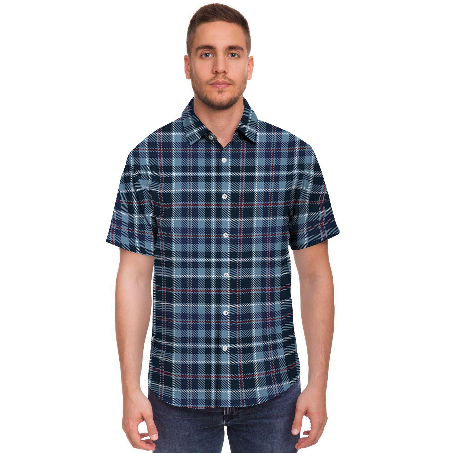 Tartan Blue Plaid Men's Short Sleeve Shirt-grizzshop