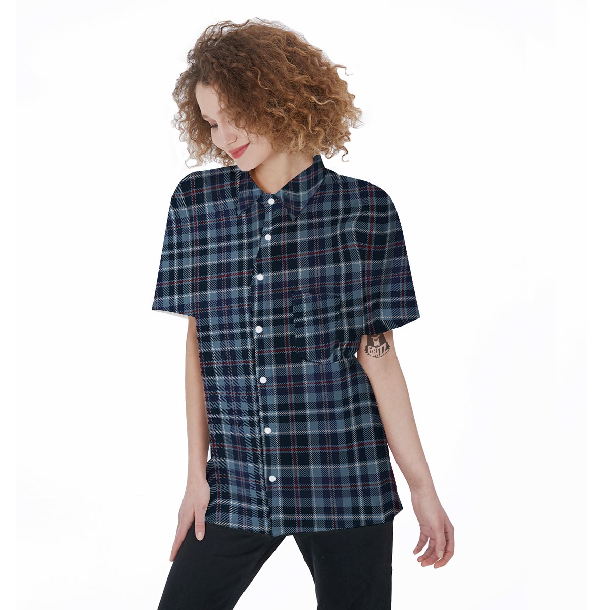 Tartan Blue Plaid Women's Short Sleeve Shirts-grizzshop