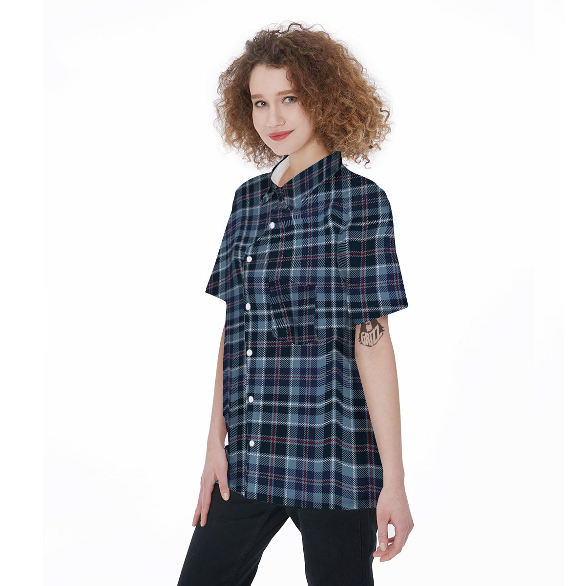 Tartan Blue Plaid Women's Short Sleeve Shirts-grizzshop