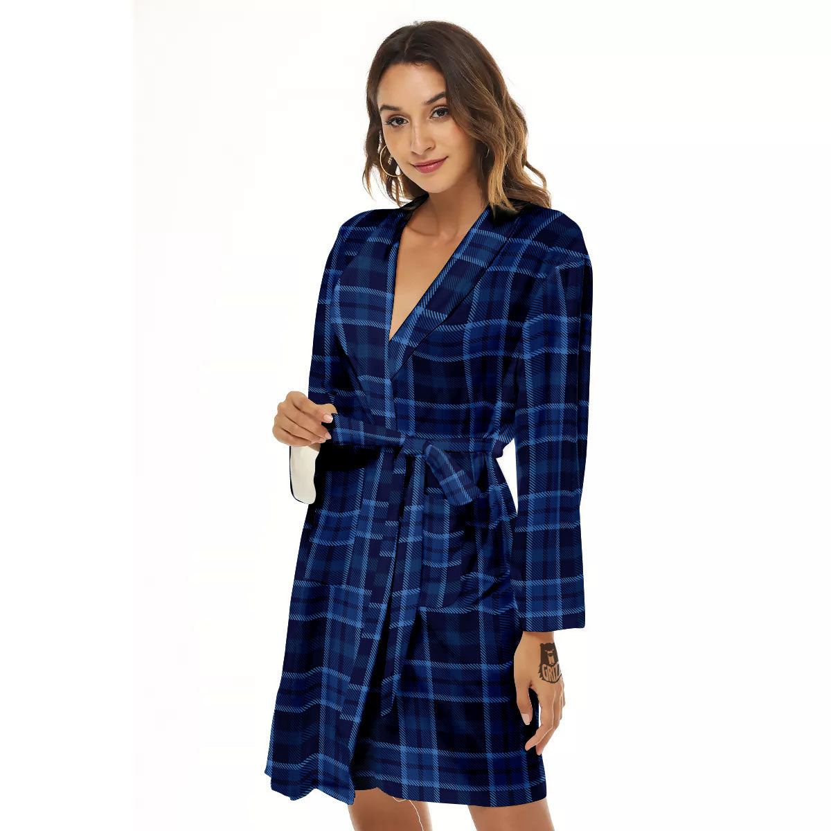 Tartan Blue Print Pattern Women's Robe-grizzshop