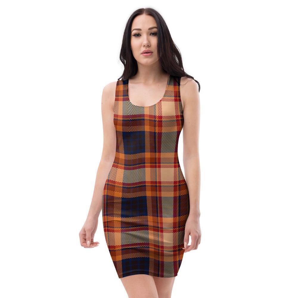 Tartan Brown Plaid Bodycon Dress-grizzshop