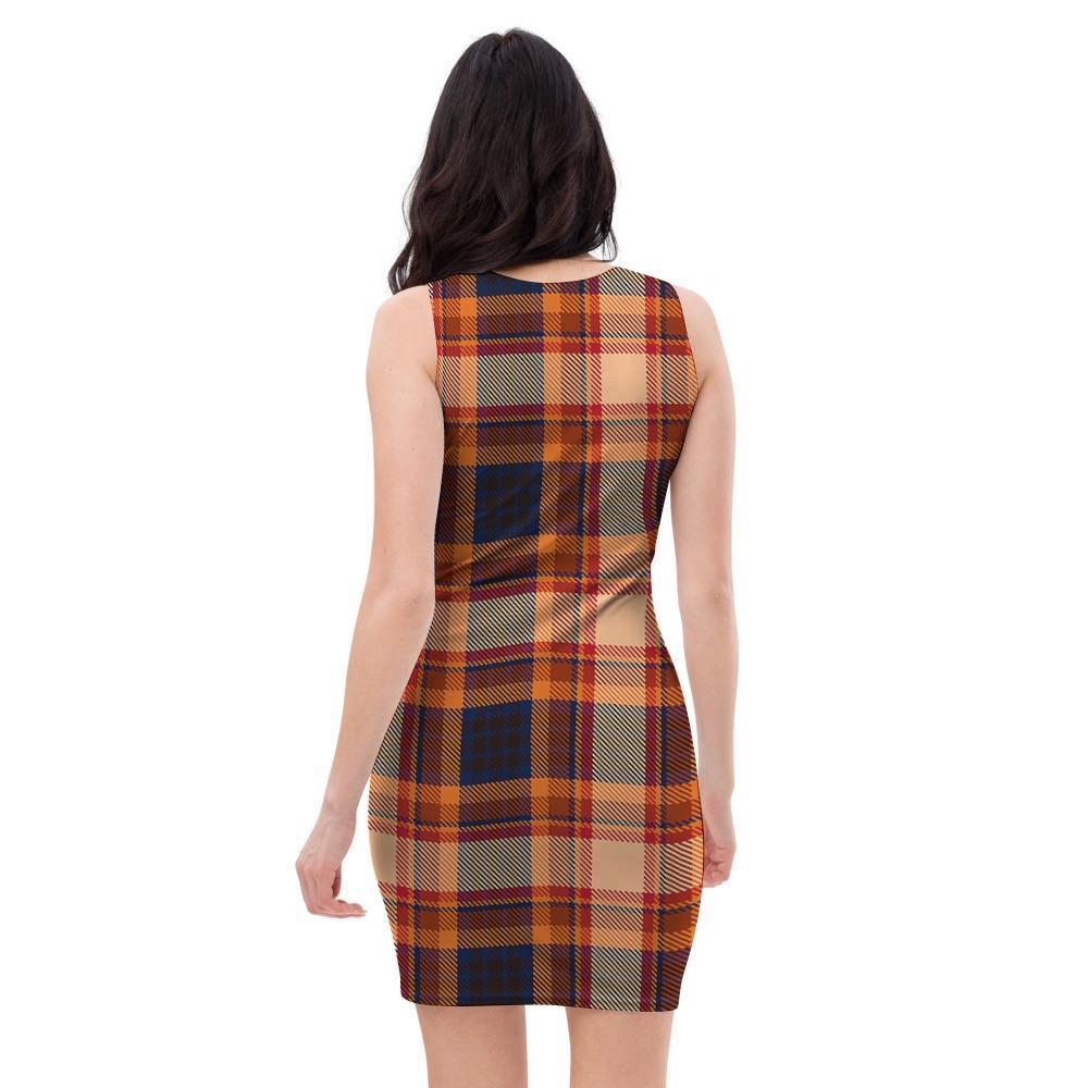 Tartan Brown Plaid Bodycon Dress-grizzshop