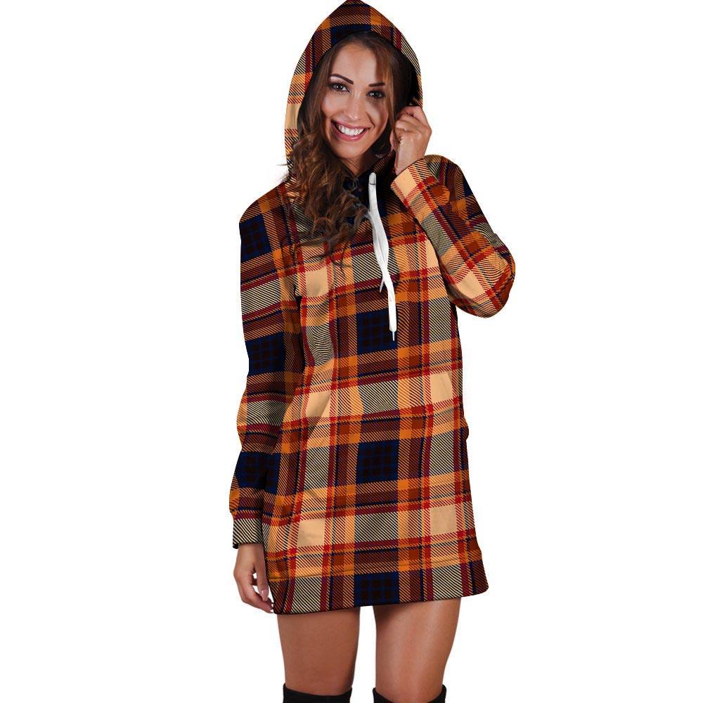 Tartan Brown Plaid Hoodie Dress-grizzshop