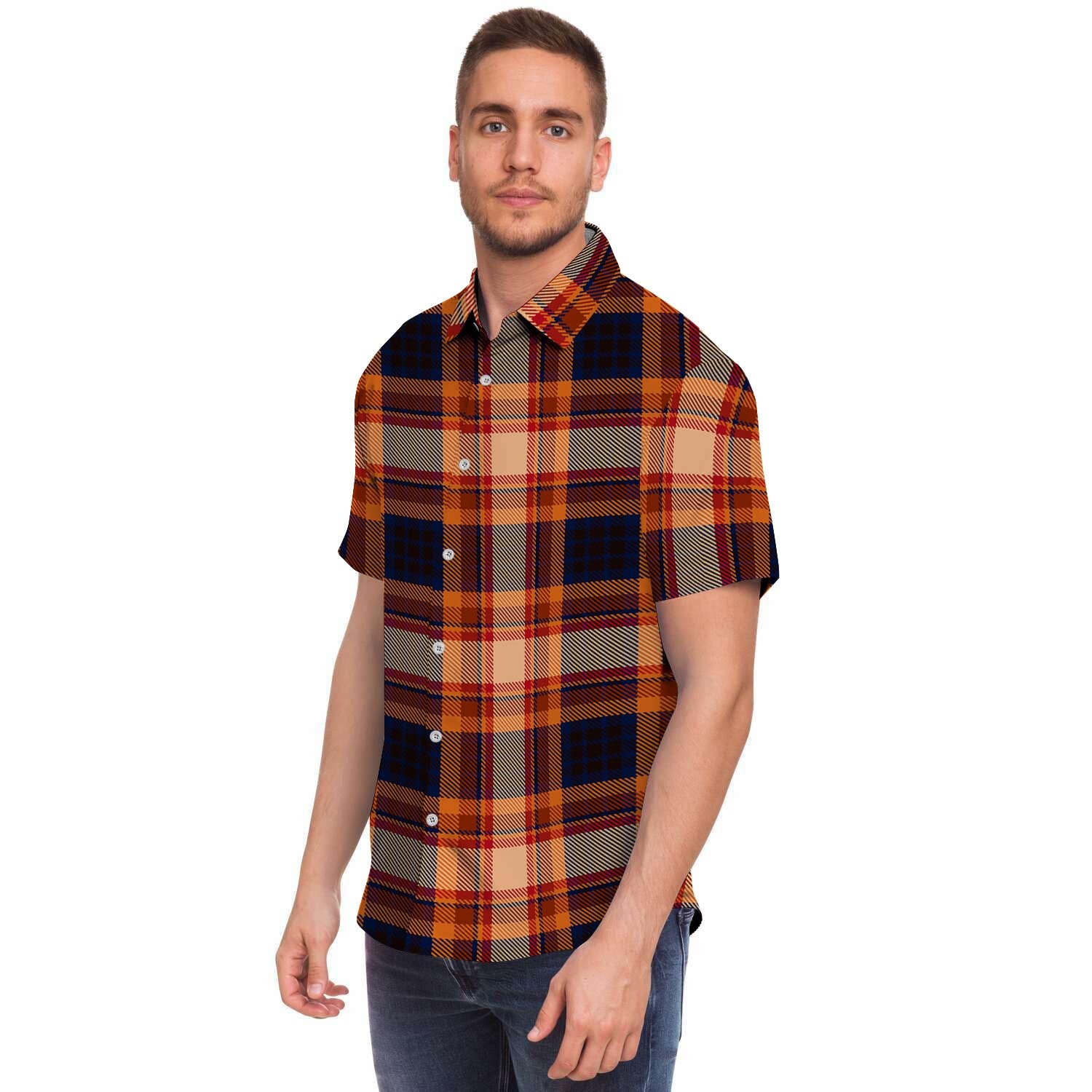 Tartan Brown Plaid Men's Short Sleeve Shirt-grizzshop