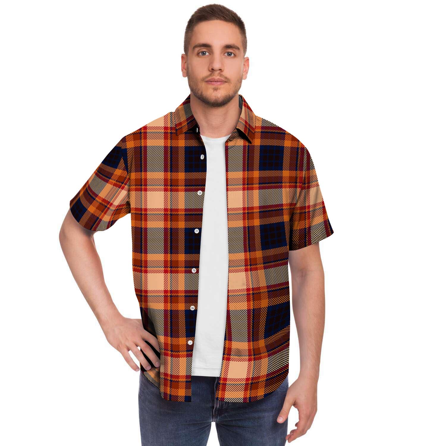 Tartan Brown Plaid Men's Short Sleeve Shirt-grizzshop