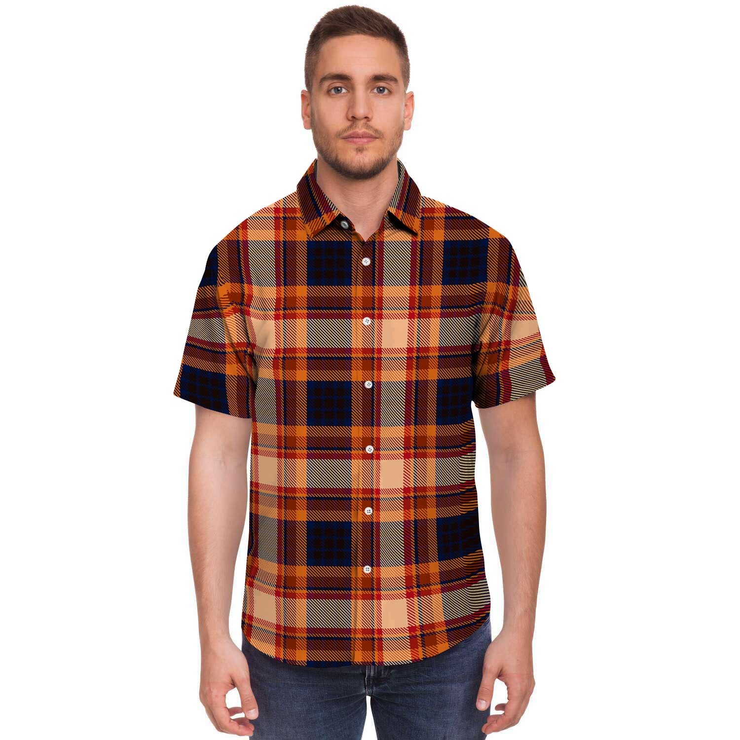 Tartan Brown Plaid Men's Short Sleeve Shirt-grizzshop