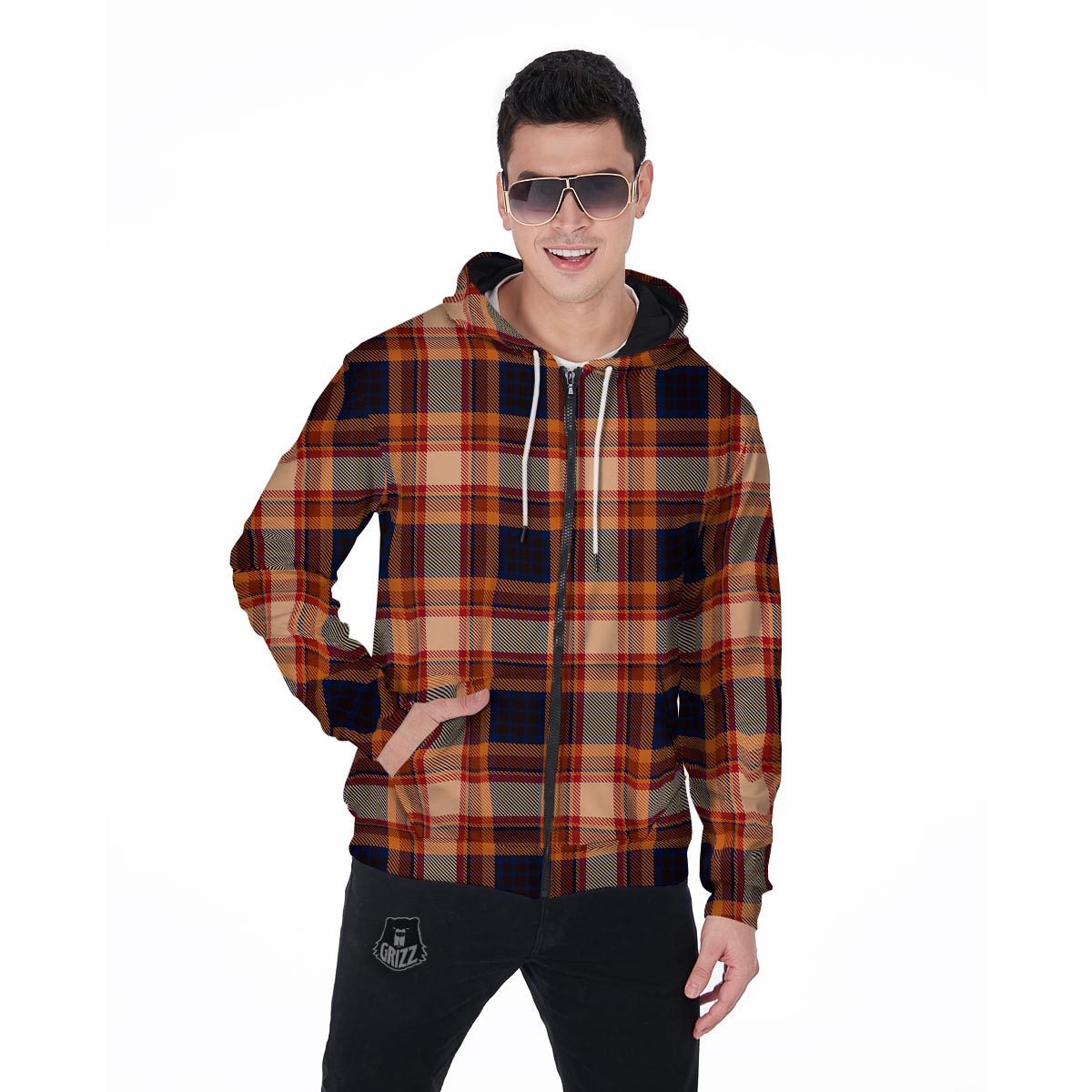 Tartan Brown Plaid Men's Zip Up Hoodie-grizzshop