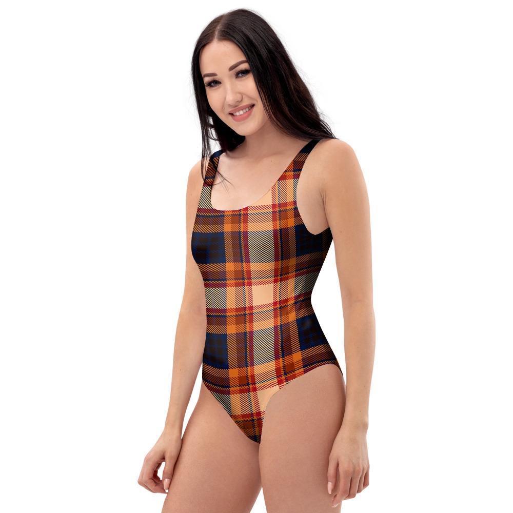 Tartan Brown Plaid One Piece Swimsuite-grizzshop