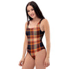 Tartan Brown Plaid One Piece Swimsuite-grizzshop