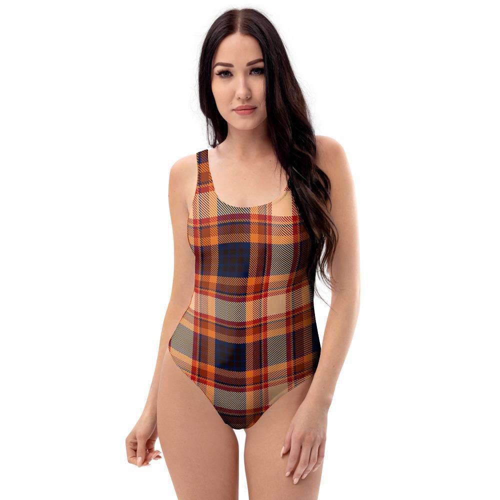 Tartan Brown Plaid One Piece Swimsuite-grizzshop