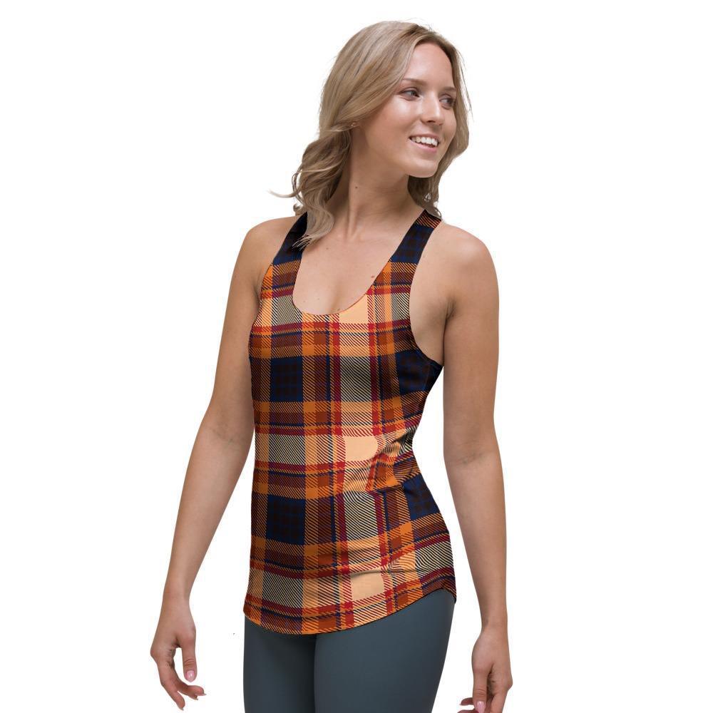 Tartan Brown Plaid Women's Racerback Tank Top-grizzshop
