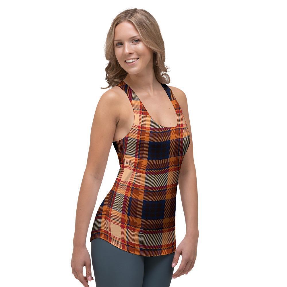 Tartan Brown Plaid Women's Racerback Tank Top-grizzshop