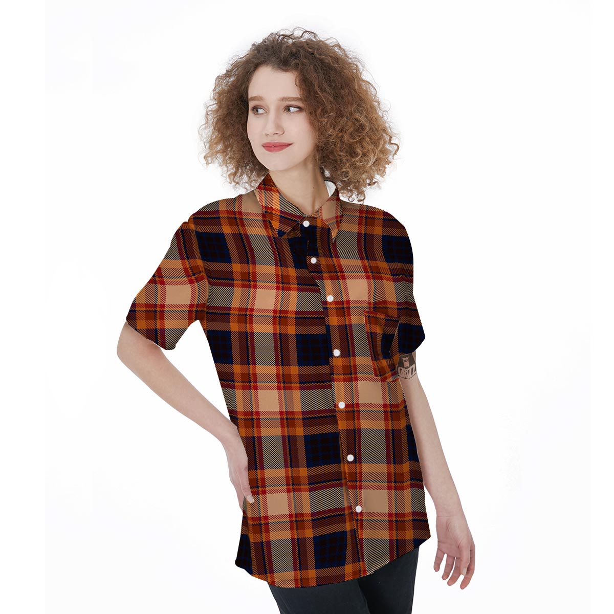 Tartan Brown Plaid Women's Short Sleeve Shirts-grizzshop