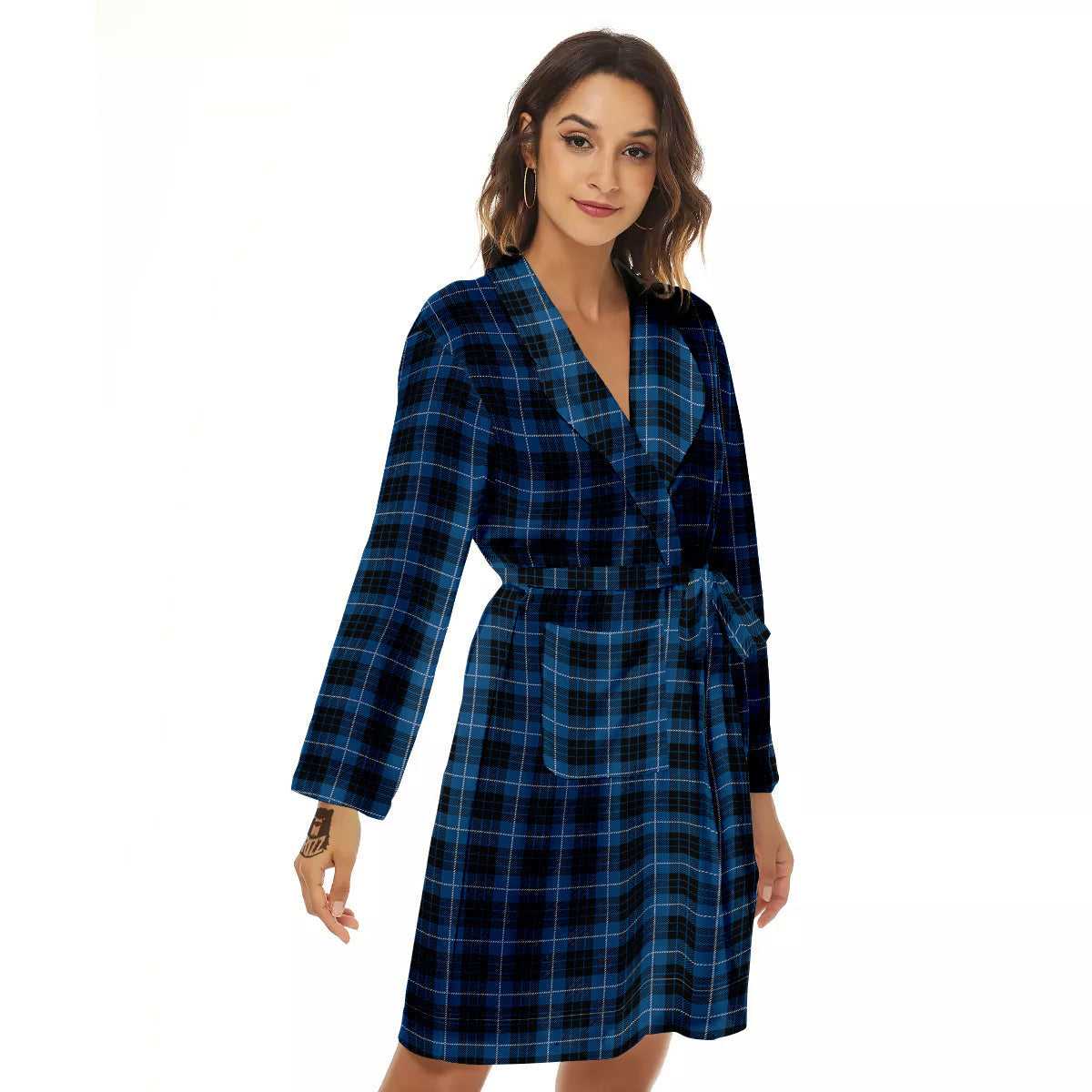 Tartan Dark Blue Print Pattern Women's Robe-grizzshop