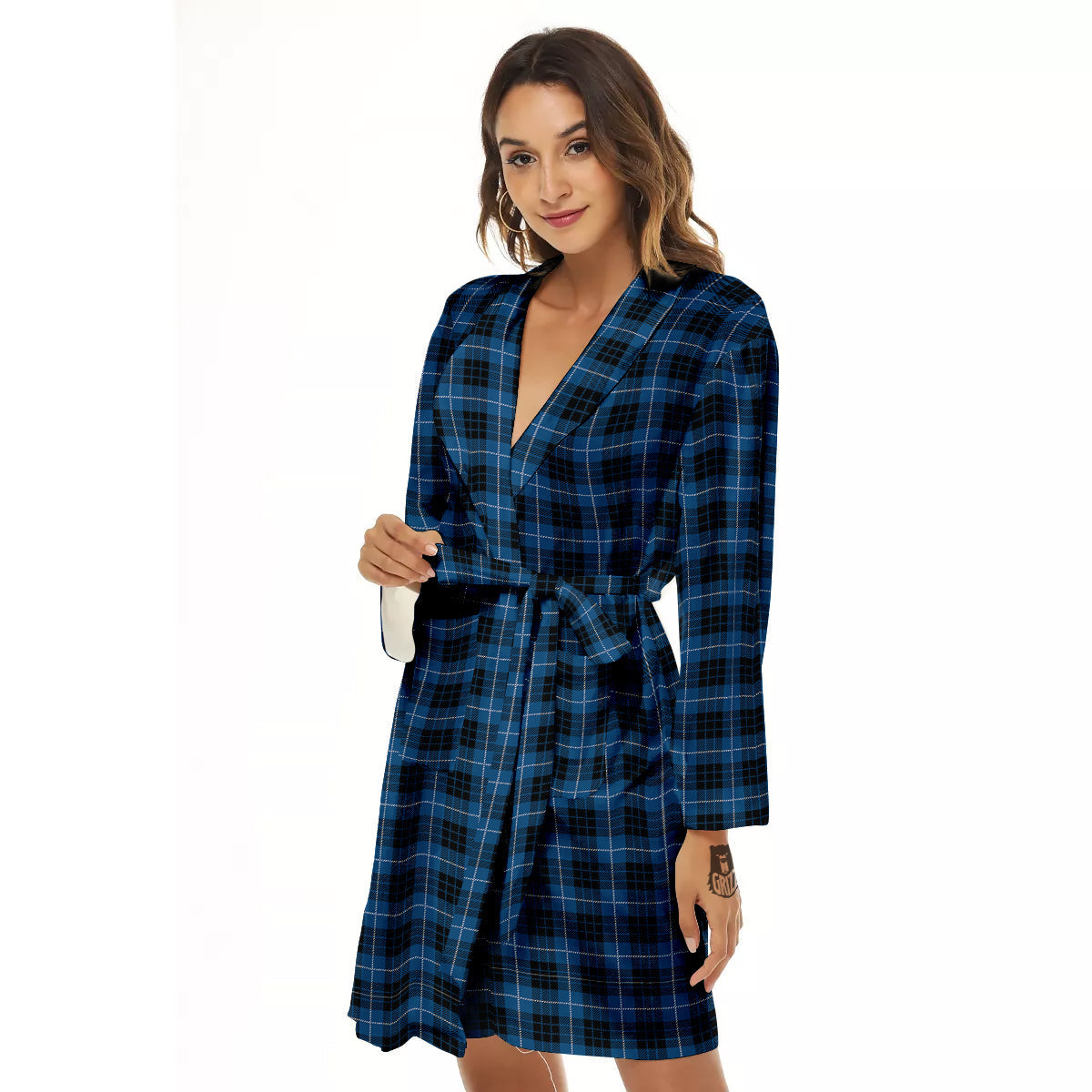 Tartan Dark Blue Print Pattern Women's Robe-grizzshop