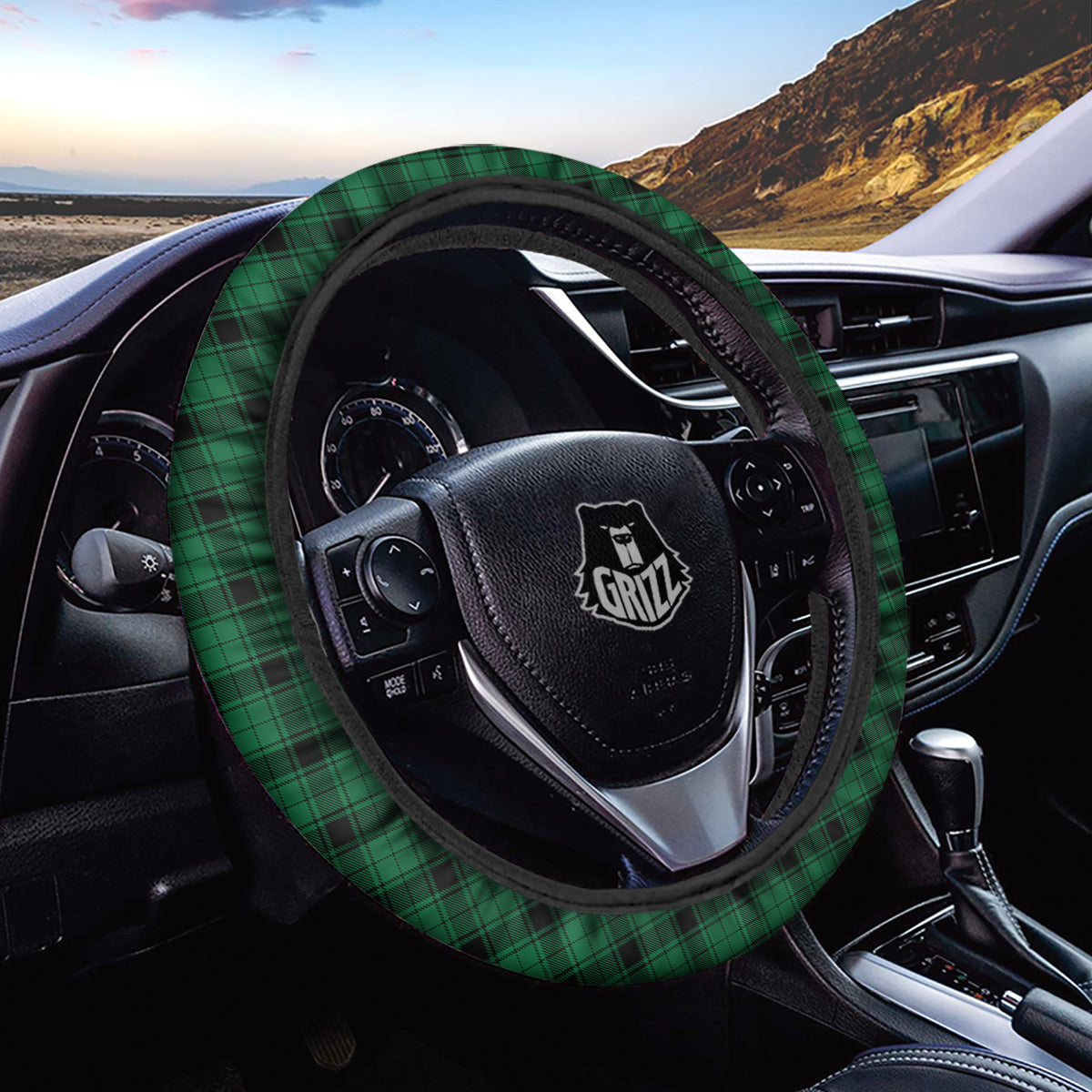Tartan Green And Black Print Pattern Car Steering Wheel Cover-grizzshop