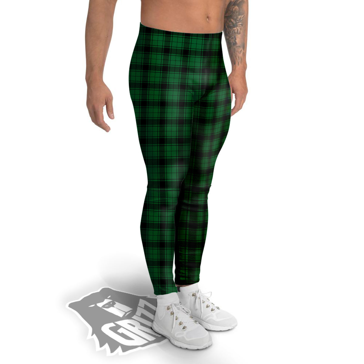 Tartan Green And Black Print Pattern Men's Leggings-grizzshop