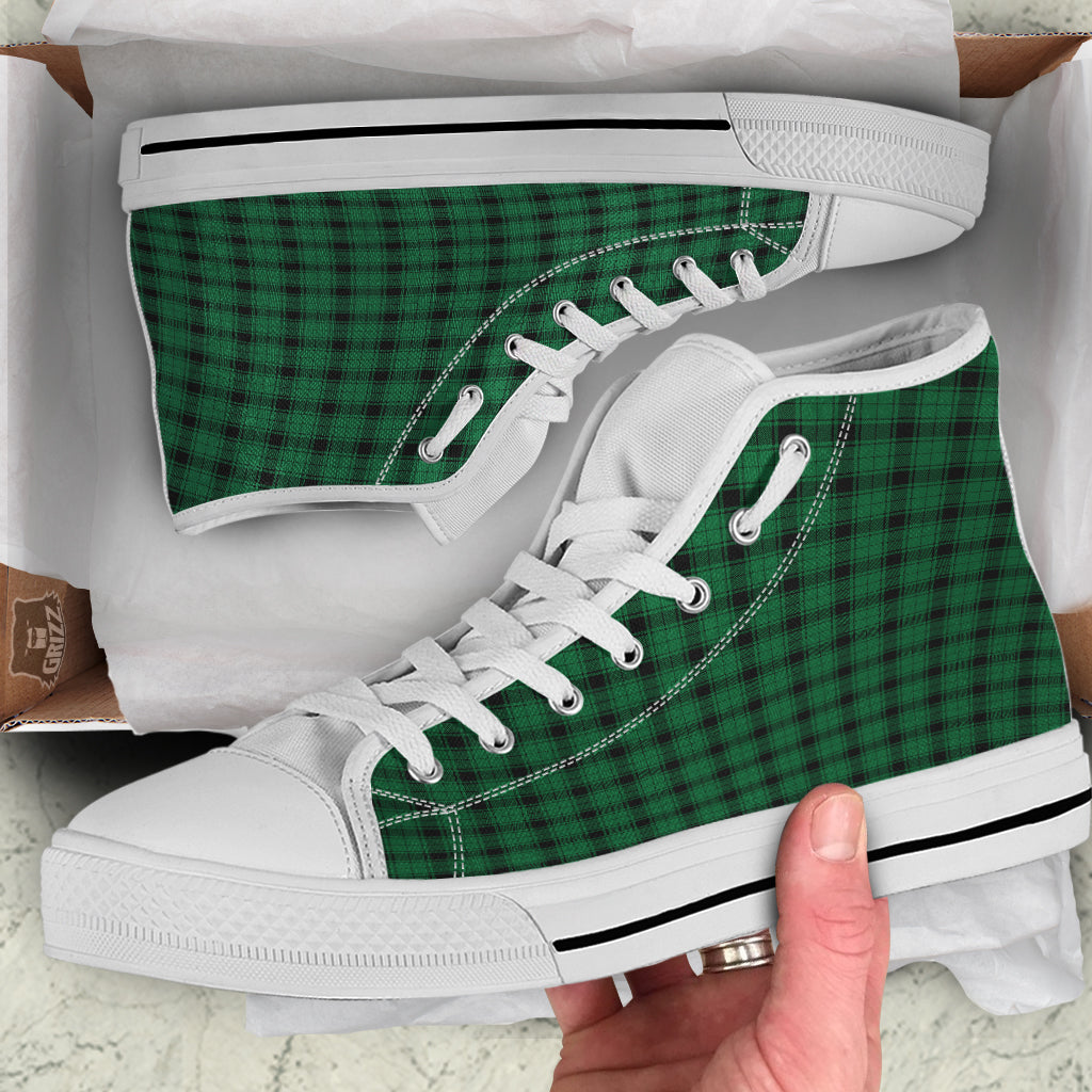 Tartan Green And Black Print Pattern White High Top Shoes-grizzshop