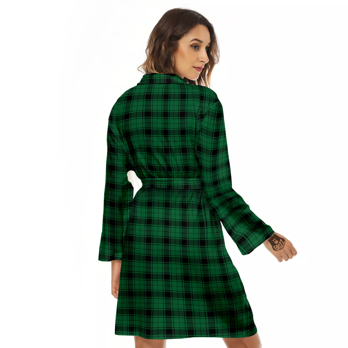 Tartan Green And Black Print Pattern Women's Robe-grizzshop