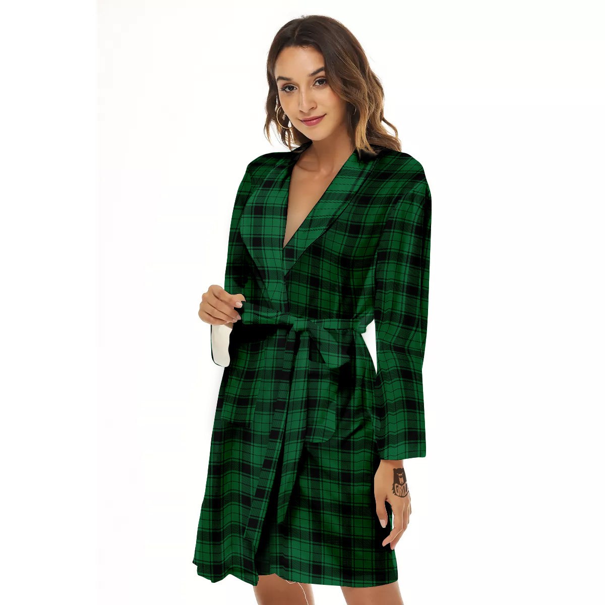 Tartan Green And Black Print Pattern Women's Robe-grizzshop